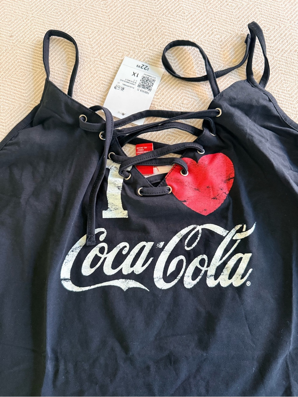 Coca Cola Black Lace-Up Tank Top with Red Heart Logo